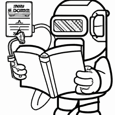 a line art cartoon of a welder reading a user manual