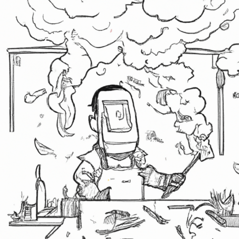 a line art cartoon of a welder in workshop full of clouds of fumes