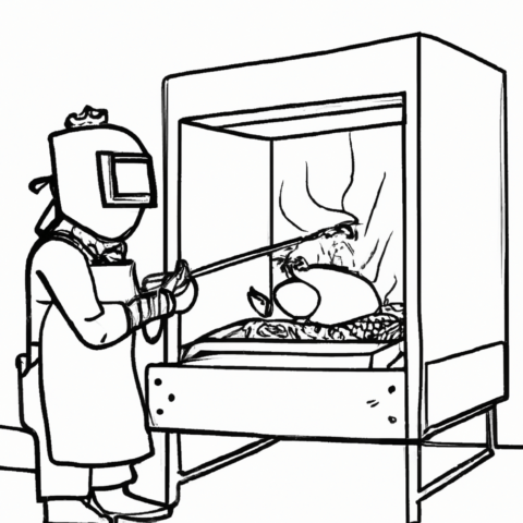 line art cartoon showing a welder wearing a welding mask putting a roast chicken in an oven