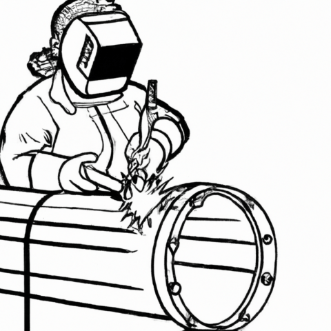 a line art cartoon of a welder joining two sections of large pipe
