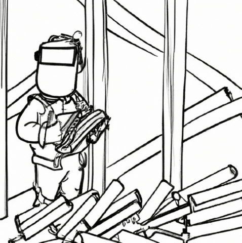 line art cartoon showing a welder next to a pile of steel girders
