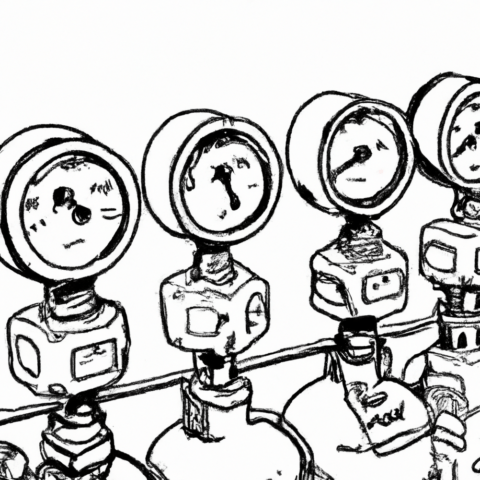 line art cartoon showing a close up of of various gas regulators on top of a collection of gas cylinders in a workshop