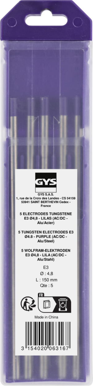 Tungsten Electrodes GYS E3 Non-Radioactive AC/DC 4.8mm Purple Pack of 5